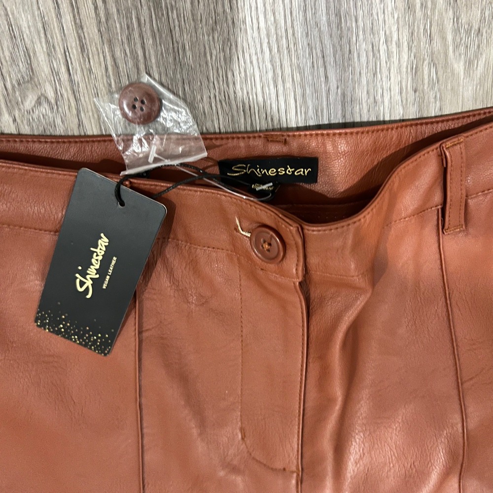 Shinestar Vegan Leather Flare Pants Cognac Brown High Rise Seam Front NWT Large